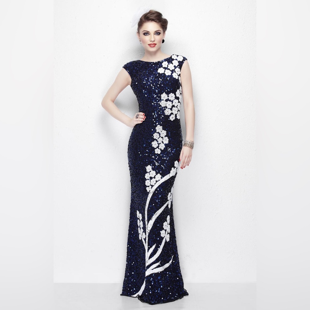 Primavera Couture Midnight Sequin Gown with White Floral Design